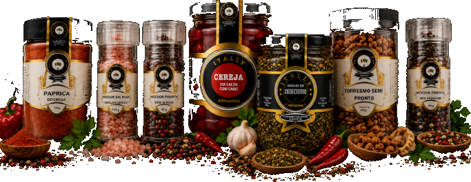 Linha completa ITALLY Alimentos — paprica, moedores, cereja em calda, chimichurri, torresmo e mix premium